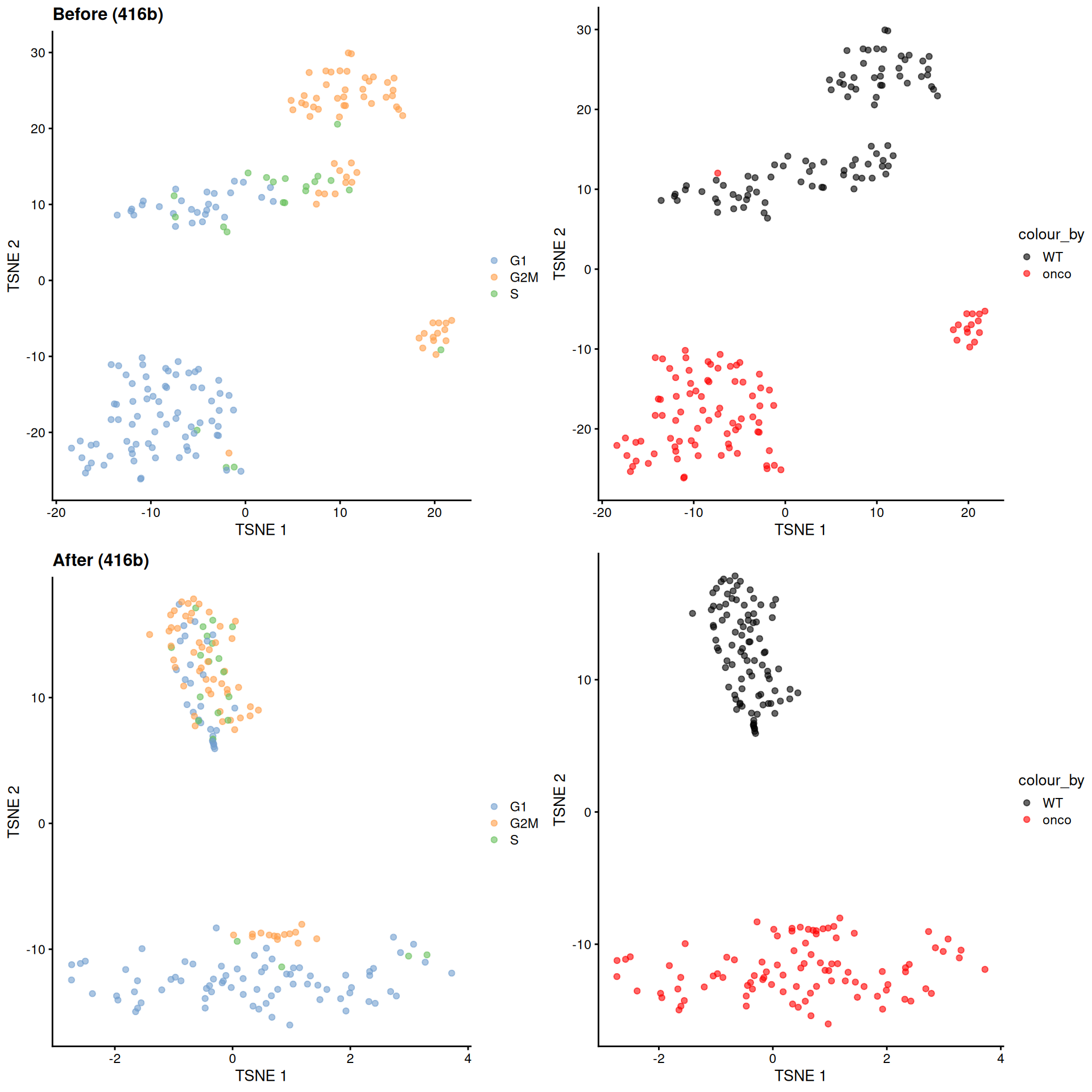 $t$-SNE plots for the 416B dataset before and after contrastive PCA. Each point is a cell and is colored according to its inferred cell cycle phase (left) or oncogene induction status (right).